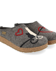 Grey wool clogs with Haflinger logo'd footbed, black and white cat with heart on one and red heart with white paw print on the other and cork midsole.