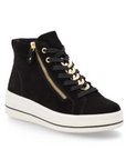 Women's Remonte D1C70 Sneaker Boot in black nubuck with gold zipper and lace accents, perfect for stylish everyday wear.
