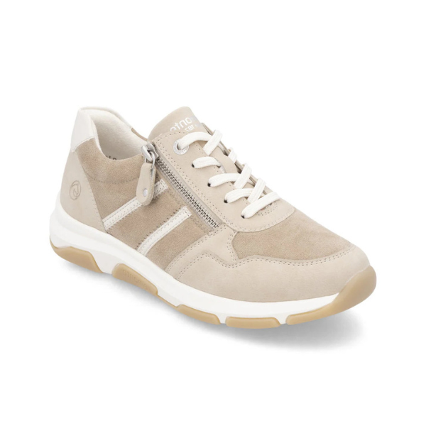 Women's Remonte D1S04 sneaker in beige with lace-up and side zipper design, ideal for lightweight comfort and flexible wear.
