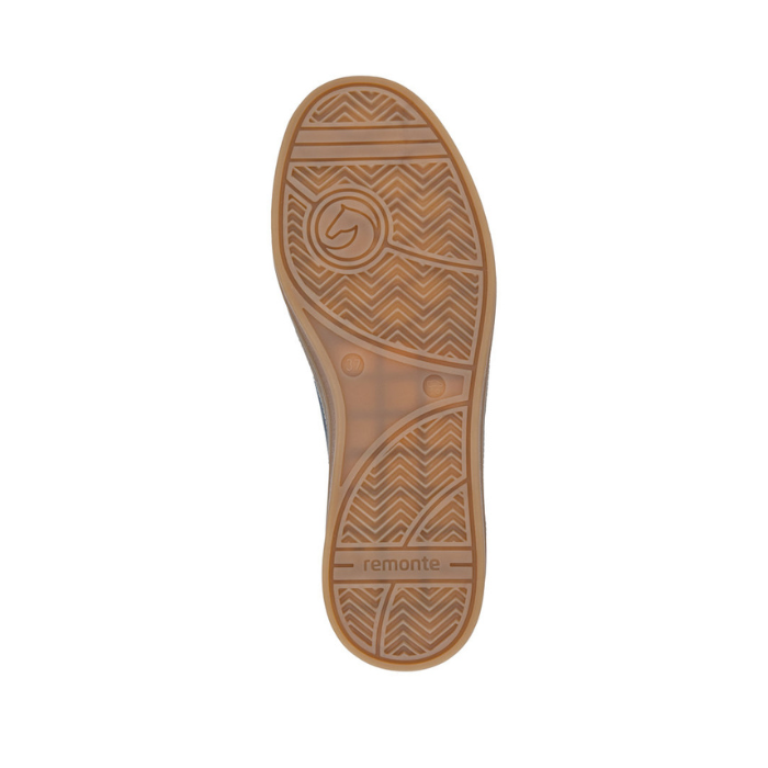 Tan rubber outsole with light tread, Remonte logo on heel and symbol at ball of foot.