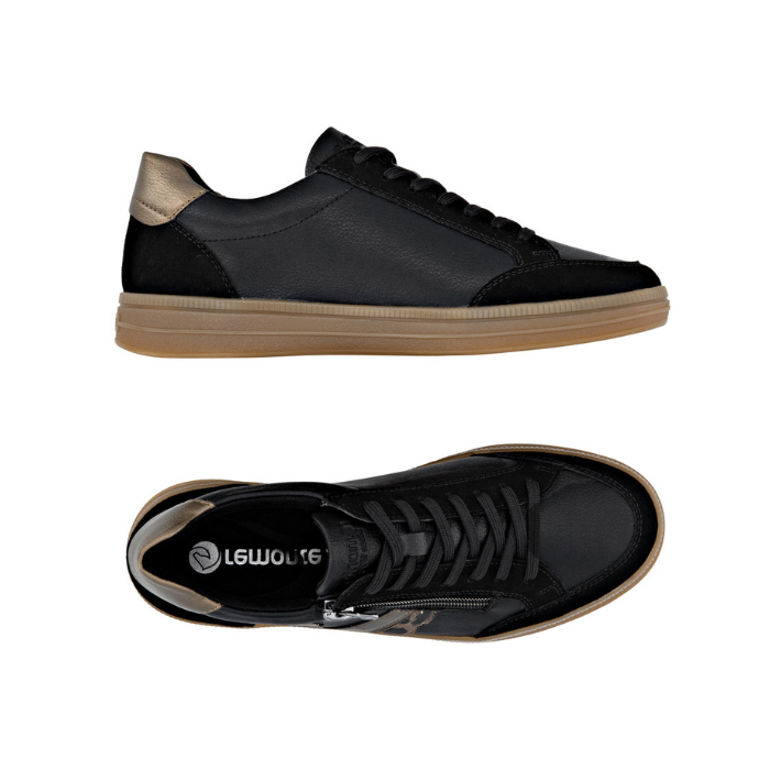 Pair of Black sneakers with bronze and cheetah print accents, black laces, side zipper, black Remonte logo&#39;d footbed and tan rubber outsole.