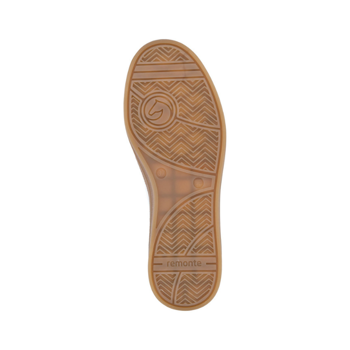 Tan rubber outsole with light tread and Remonte logo on heel and symbol at ball of foot.