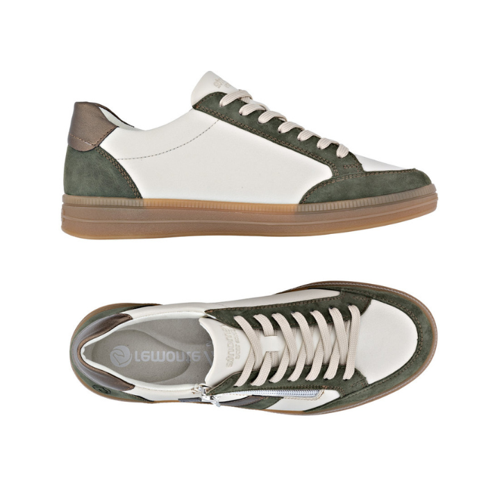 Pair of Green and white sneakers with bronze accents, white laces, side zipper, grey Remonte logo'd footbed and tan rubber outsole.