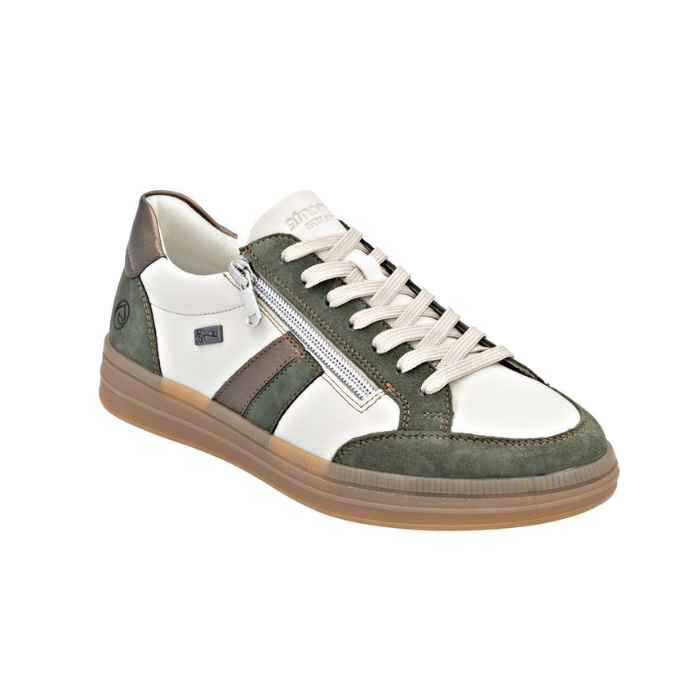 Green and white sneaker with bronze accents, white laces, side zipper and tan rubber outsole.