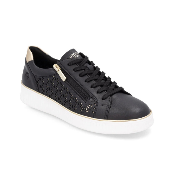 Women's Remonte D2E03 lace-up leather sneaker in black with laser-cut side panels and gold heel accent, ideal for lightweight comfort.