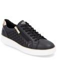 Women's Remonte D2E03 lace-up leather sneaker in black with laser-cut side panels and gold heel accent, ideal for lightweight comfort.