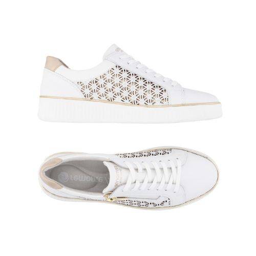 Top and side views of white Remonte D2E03 women's sneakers featuring SoftFoam insole and flexible, shock-absorbing sole.