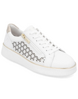 Women's Remonte D2E03 lace-up leather sneaker in white with geometric cutouts and gold trim, designed for breathable comfort.