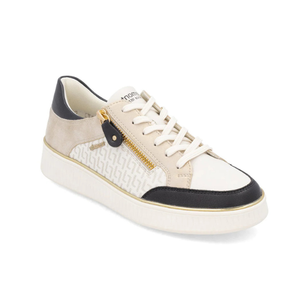 Women's Remonte D2E04 Lace-Up Sneakers in beige, white, and black with side zipper and textured sole, ideal for casual wear.