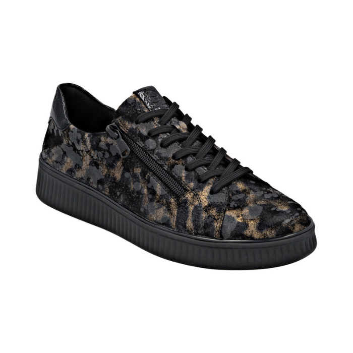 Black and bronze leopard print leather sneaker with black laces and side zipper.