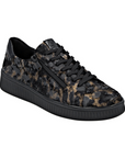 Black and bronze leopard print leather sneaker with black laces and side zipper.