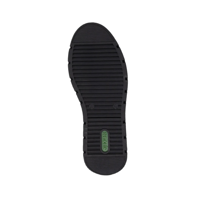Black line treaded outsole with green Remonte logo stamped on heel.