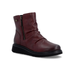 Deep burgundy ankle boot with side zippers, ruching and black treaded outsole.