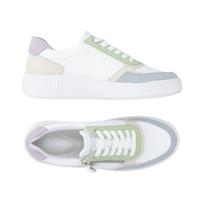 Pair of White sneakers with pastel color accents, white laces, side zipper, grey Remonte logo'd footbed and white thick outsole.