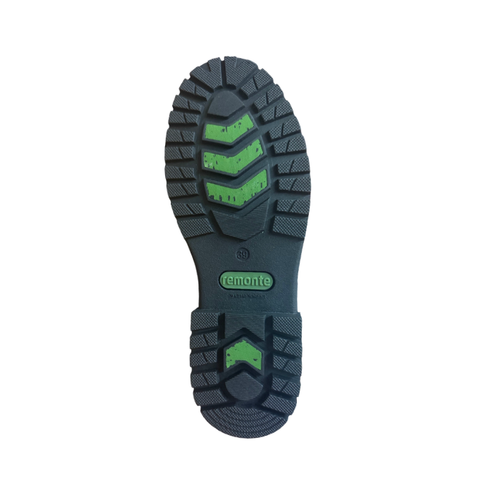 Black treaded outsole with green arrow shaped ice grip inserts and green Remonte logo stamped in middle. 