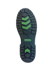 Black treaded outsole with green arrow shaped ice grip inserts and green Remonte logo stamped in middle. 