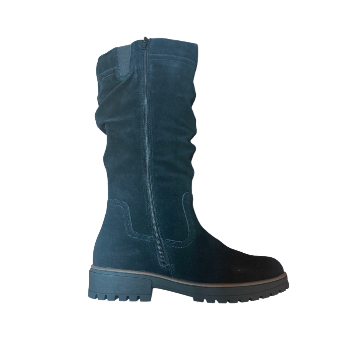 Tall black boot with ruching, inside zipper, brown midsole thin wrap and brown treaded outsole.