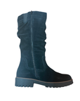Tall black boot with ruching, inside zipper, brown midsole thin wrap and brown treaded outsole.