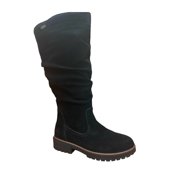 Tall black boot with ruching, brown midsole thin wrap and brown treaded outsole.