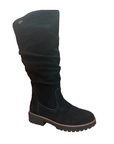 Tall black boot with ruching, brown midsole thin wrap and brown treaded outsole.