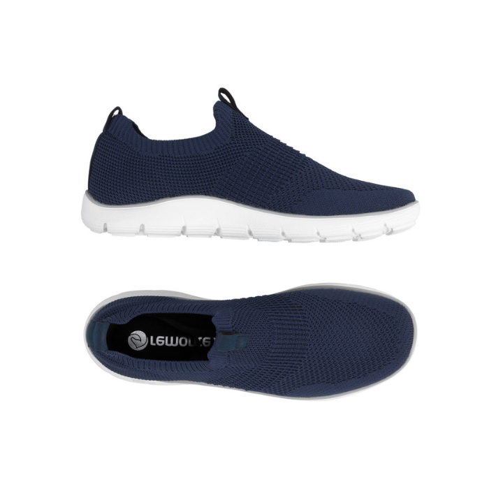 Pair of Navy knit slip-on shoes with black Remonte logo'd footbed and white outsole.