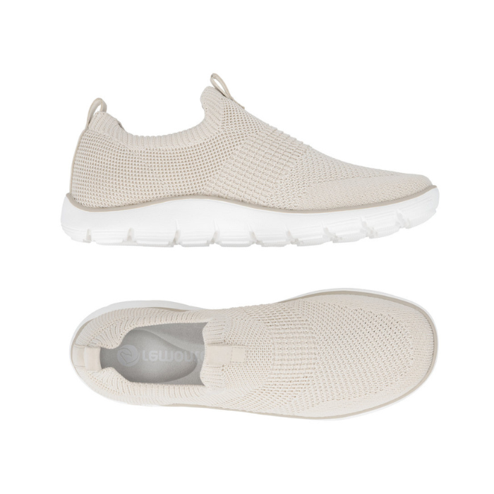 Pair of Pair of beige knit slip-on shoes with grey Remonte logo'd footbed and white outsole.