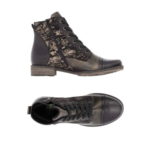 Pair of Dark Bronze lace up ankle boots with light bronze print pattern and accent sections, side buckle, thick black laces and low heel.