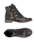 Pair of Dark Bronze lace up ankle boots with light bronze print pattern and accent sections, side buckle, thick black laces and low heel.