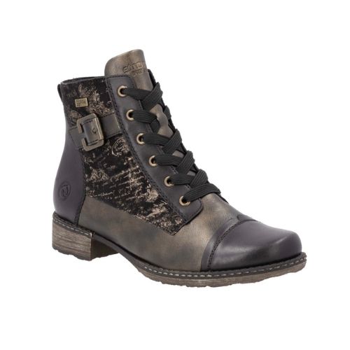 Dark Bronze lace up ankle boot with light bronze print pattern and accent sections, side buckle, thick black laces and low heel.