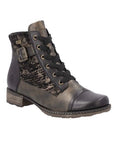 Dark Bronze lace up ankle boot with light bronze print pattern and accent sections, side buckle, thick black laces and low heel.