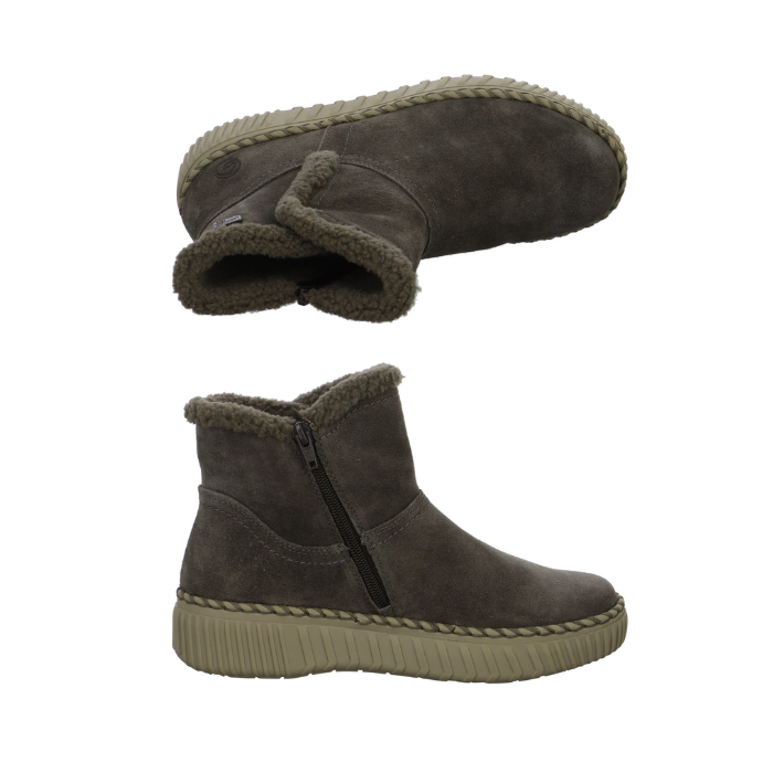 Pair of grey suede ankle boots with a cream shearling-style lining, side zipper, Remonte logo'd footbed and a chunky grey outsole.