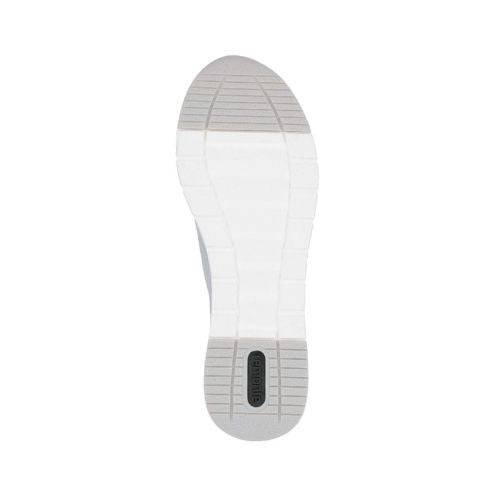 Outsole view of light grey Women&#39;s Remonte R6712 Slip-On Sneaker with cushioned sole and non-slip rubber tread.