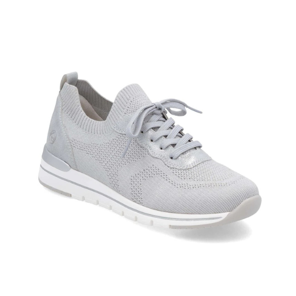 Women's Remonte R6712 Slip-On Sneaker in light grey with stretch textile upper and lace-up closure for flexible fit and comfort.
