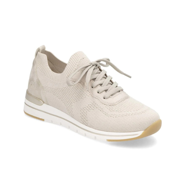 Women's Remonte R6712 Slip-On Sneaker in beige with breathable stretch textile upper and lace-up design for casual wear.