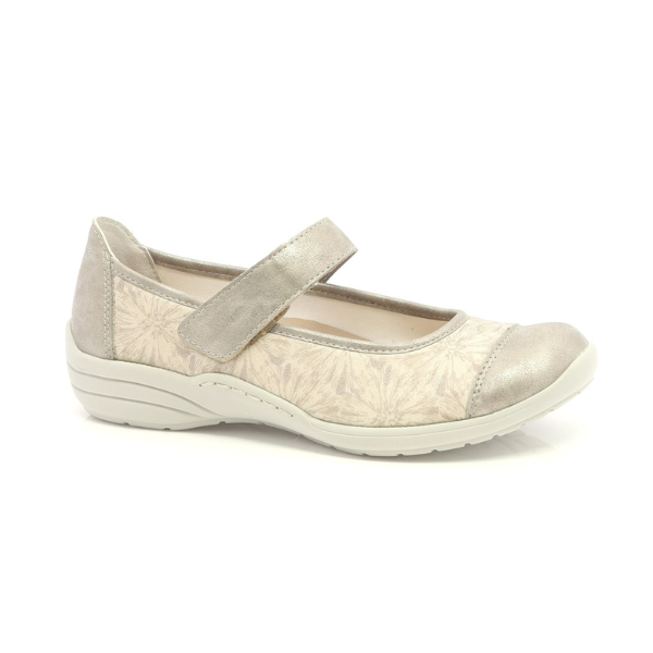 Women's Remonte R7627 Mary-Jane Flat in beige with stretch mesh upper, adjustable strap, and cushioned sole for lightweight comfort.