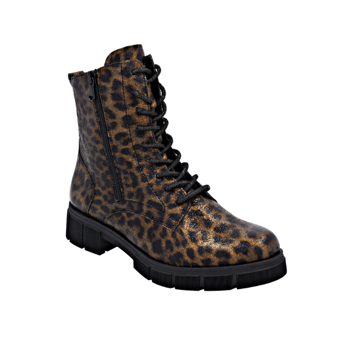 Leopard print combat boot with side zipper, laces and lugged black outsole.