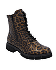 Leopard print combat boot with side zipper, laces and lugged black outsole.