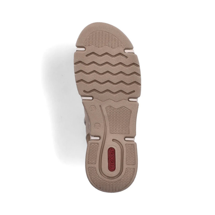 Beige light treaded outsole with line patterns and red Rieker logo on heel.