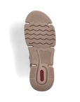 Beige light treaded outsole with line patterns and red Rieker logo on heel.