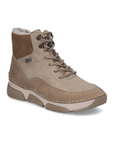 Light beige lace-up ankle boot with darker beige accents, brown and beige treaded outsole and fur lining.