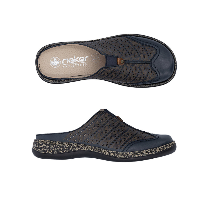 Pair of Navy slip on clogs with perforations, brown design accents, tan Rieker logo'd footbed, tan/black marbles midsole and black outsole.