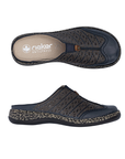 Pair of Navy slip on clogs with perforations, brown design accents, tan Rieker logo'd footbed, tan/black marbles midsole and black outsole.