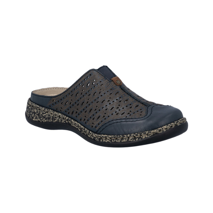 Navy slip on clog with perforations, brown design accents, tan/black marbles midsole and black outsole.