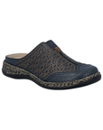 Navy slip on clog with perforations, brown design accents, tan/black marbles midsole and black outsole.