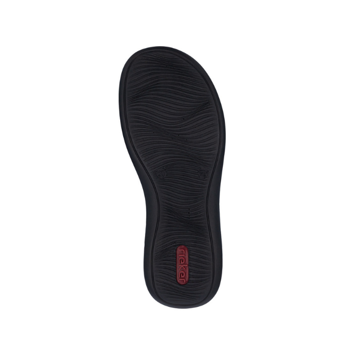 Black outsole with wave tread pattern with red Rieker logo on heel.