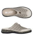 Pair of Beige  slip on clogs with perforations, brown design accents, tan Rieker logo'd footbed, tan/black marbles midsole and black outsole.