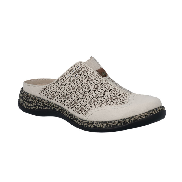 Beige slip on clog with perforations, brown design accents, tan/black marbles midsole and black outsole.