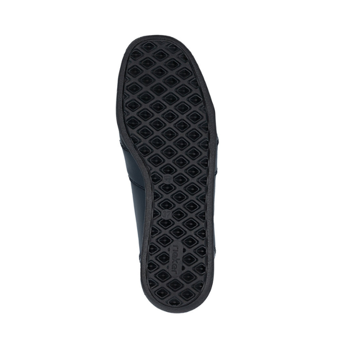 Black shoe outsole with diamond pattern and Rieker logo on heel.