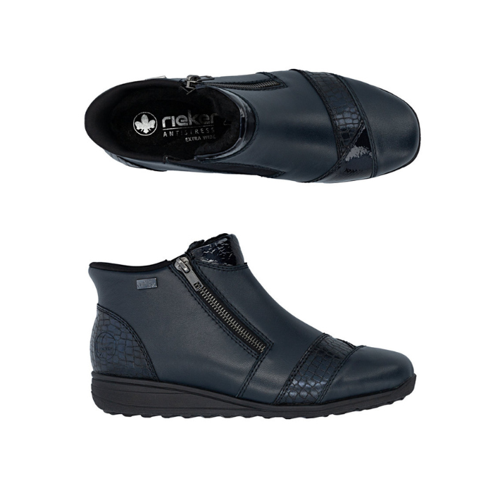 Pair of navy blue ankle boots with a zipper, patent and croco accents, black Rieker logo'd footbed and black outsole.