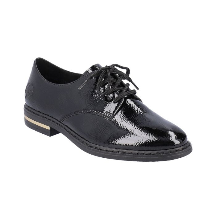 Black patent lace derby with gold insert in heel.